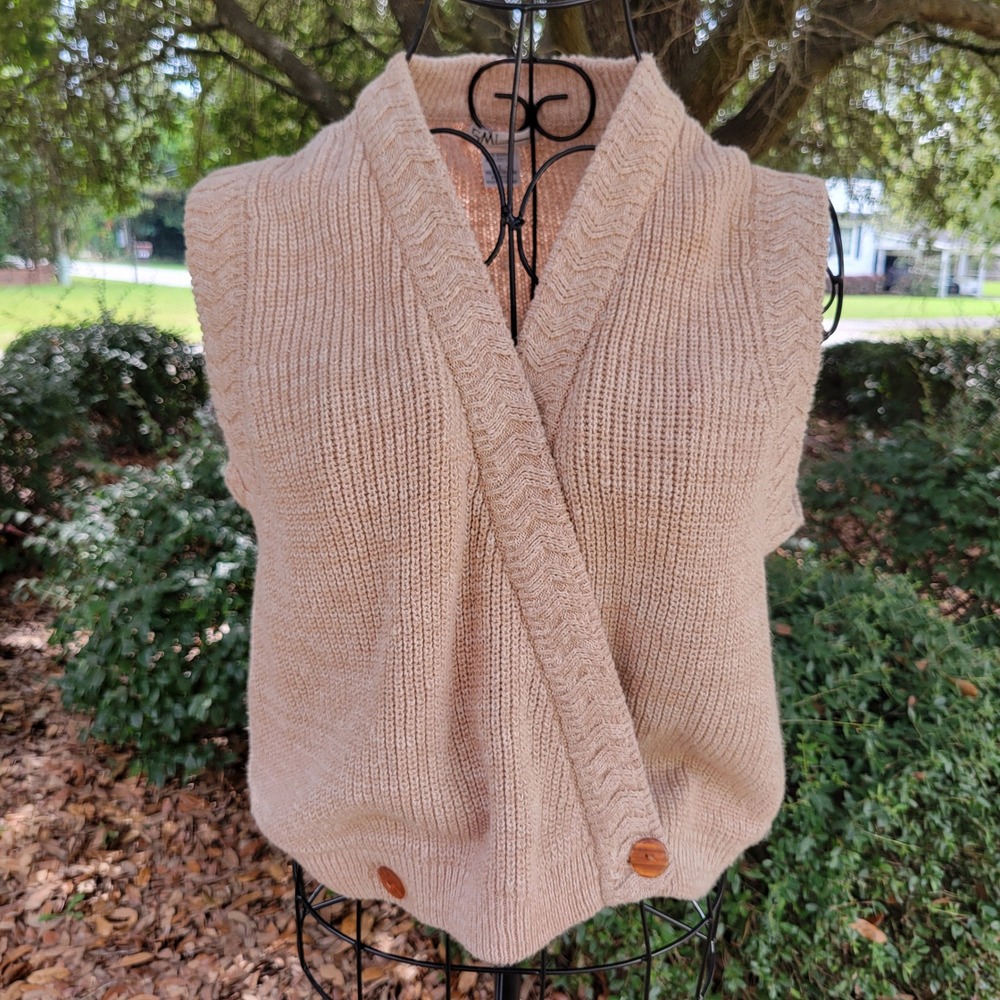 SML Sport L Sweater Vest Tan Cable Knit V Neck Vintage Granola Girl Earthy 90s